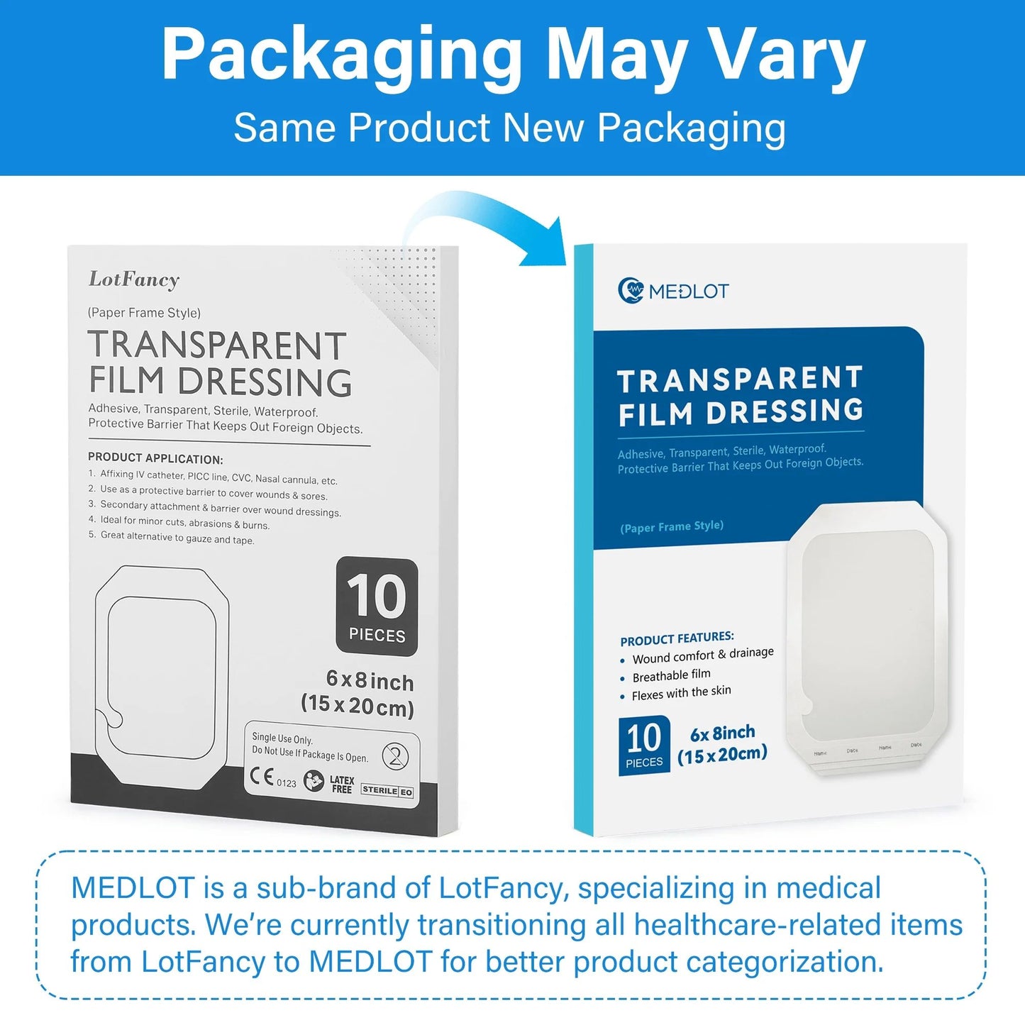 LotFancy Transparent Film Dressing, 6x8 inch, 10PCS, Waterproof Wound Adhesive Bandage Tape