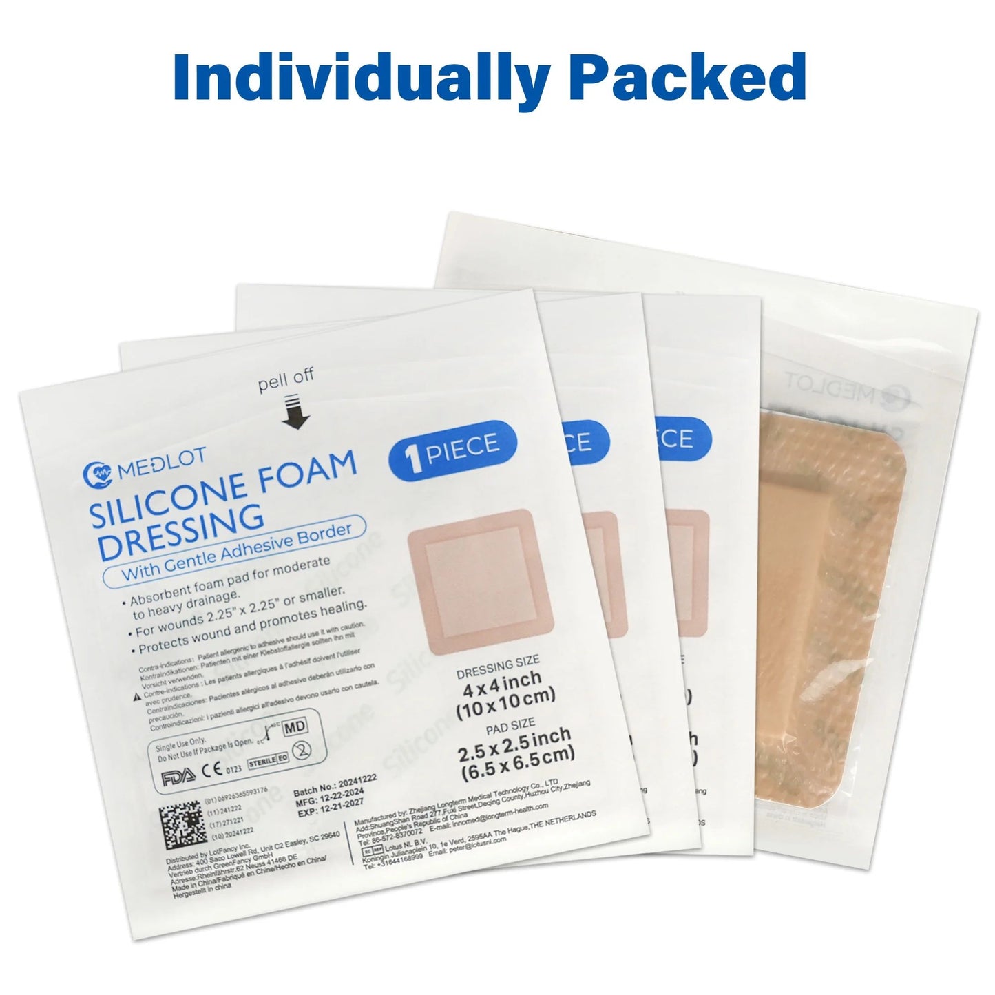 LotFancy Silicone Foam Dressing, 4x4 in, 5 Count, Adhesive Wound Dressing, Bed Sores, Wound Bandage