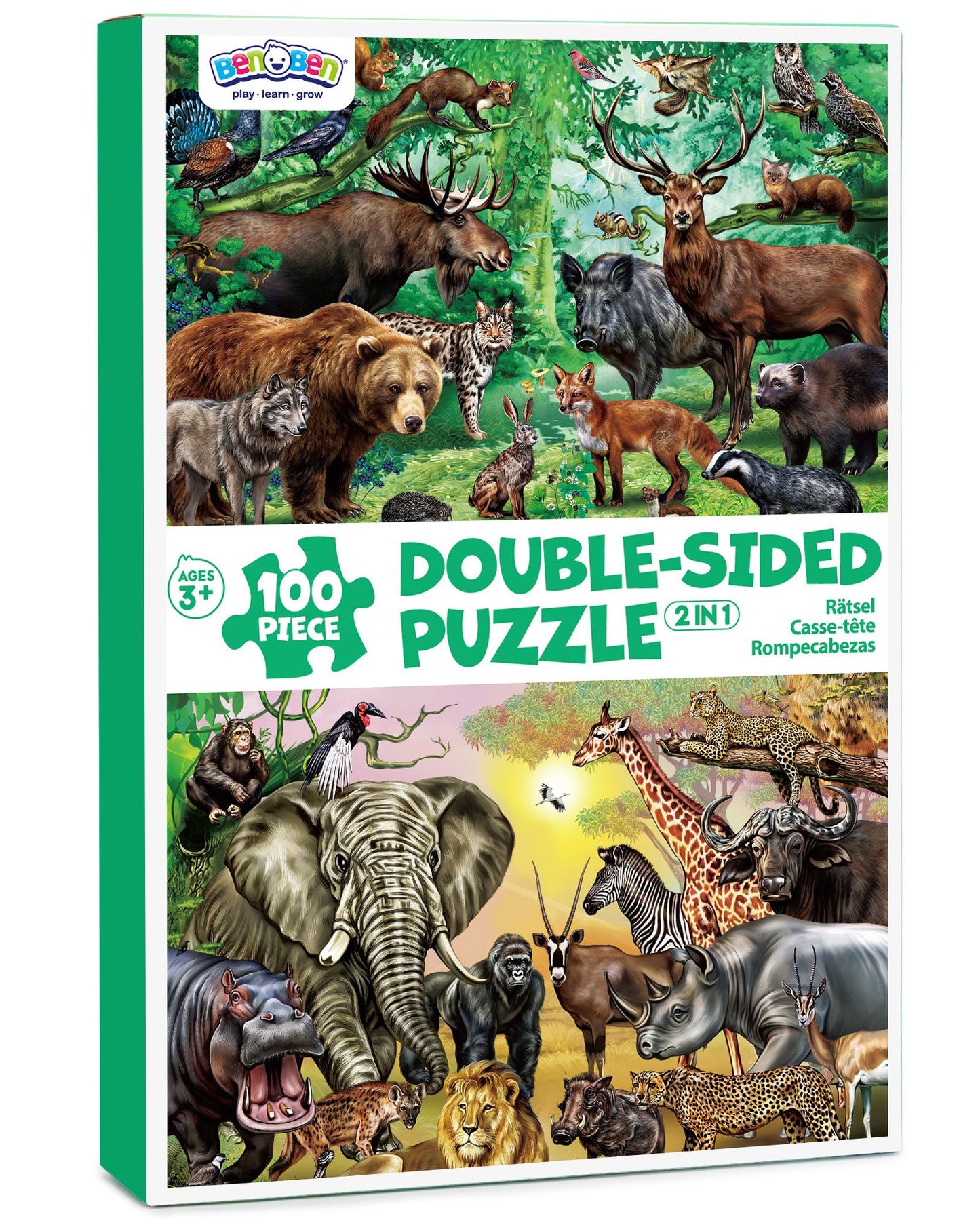 BenBen 100 Piece Double-Sided Jigsaw Puzzles for Kids 4-8, Jungle Animal Puzzle Toys for Girls, Boys