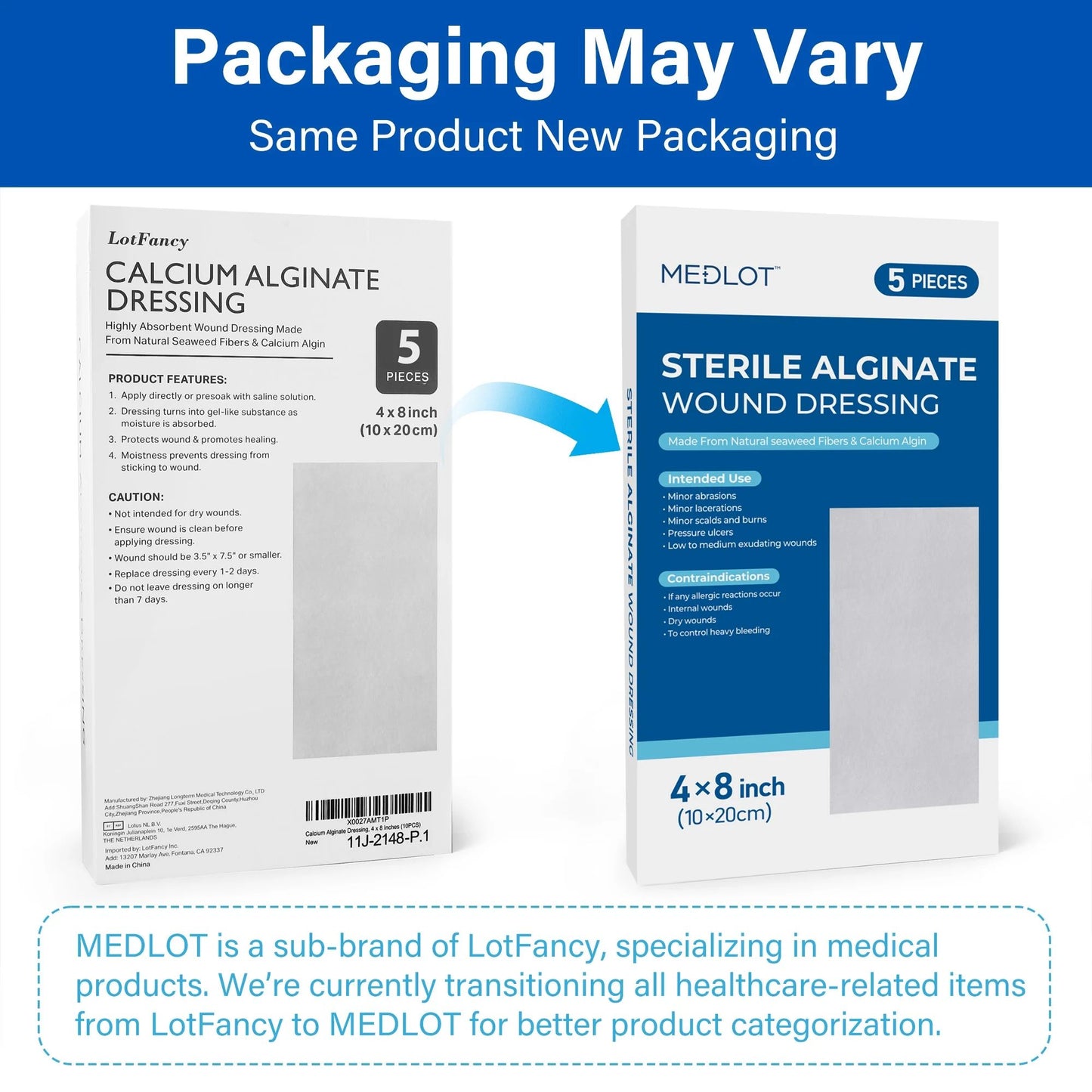 LotFancy Calcium Alginate Wound Dressing, 4" x 8", 5 Pack, Non-Stick Gauze Pads, Highly Absorbent