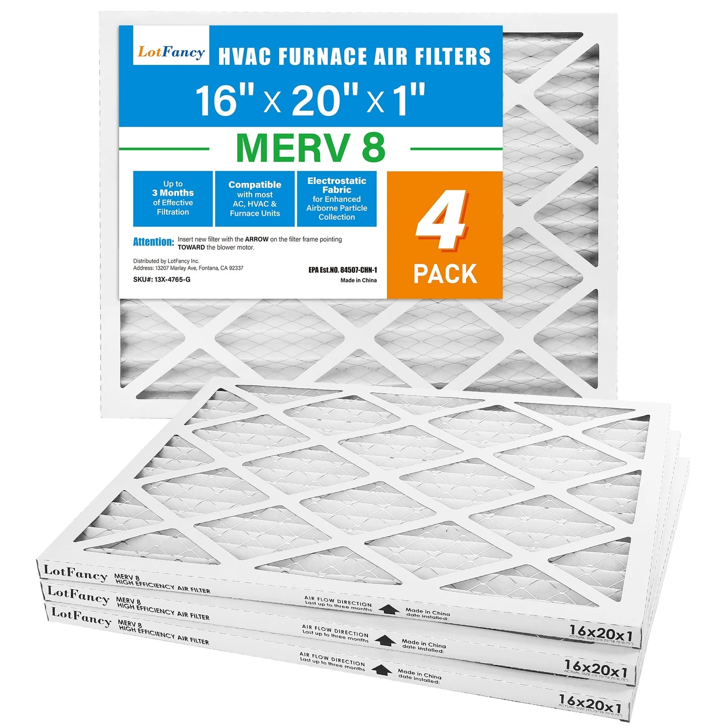LotFancy 16x20x1 Air Filters, 4 Pack, MERV 8 Pleated HVAC AC Furnace Filters