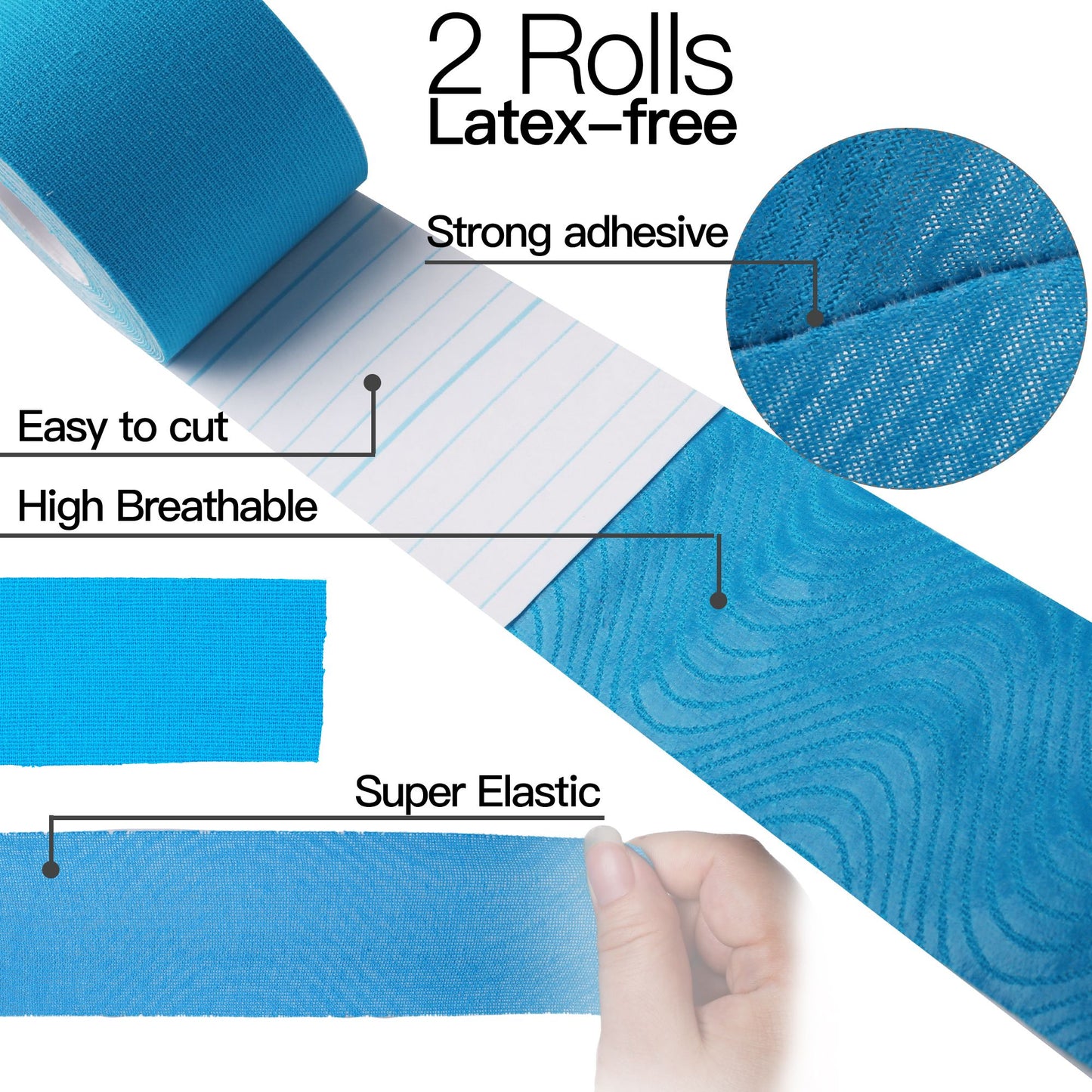 LotFancy 2 Rolls Kinesiology Tape,Cotton Elastic Premium Athletic Tape,16Ft x 2 in, Blue