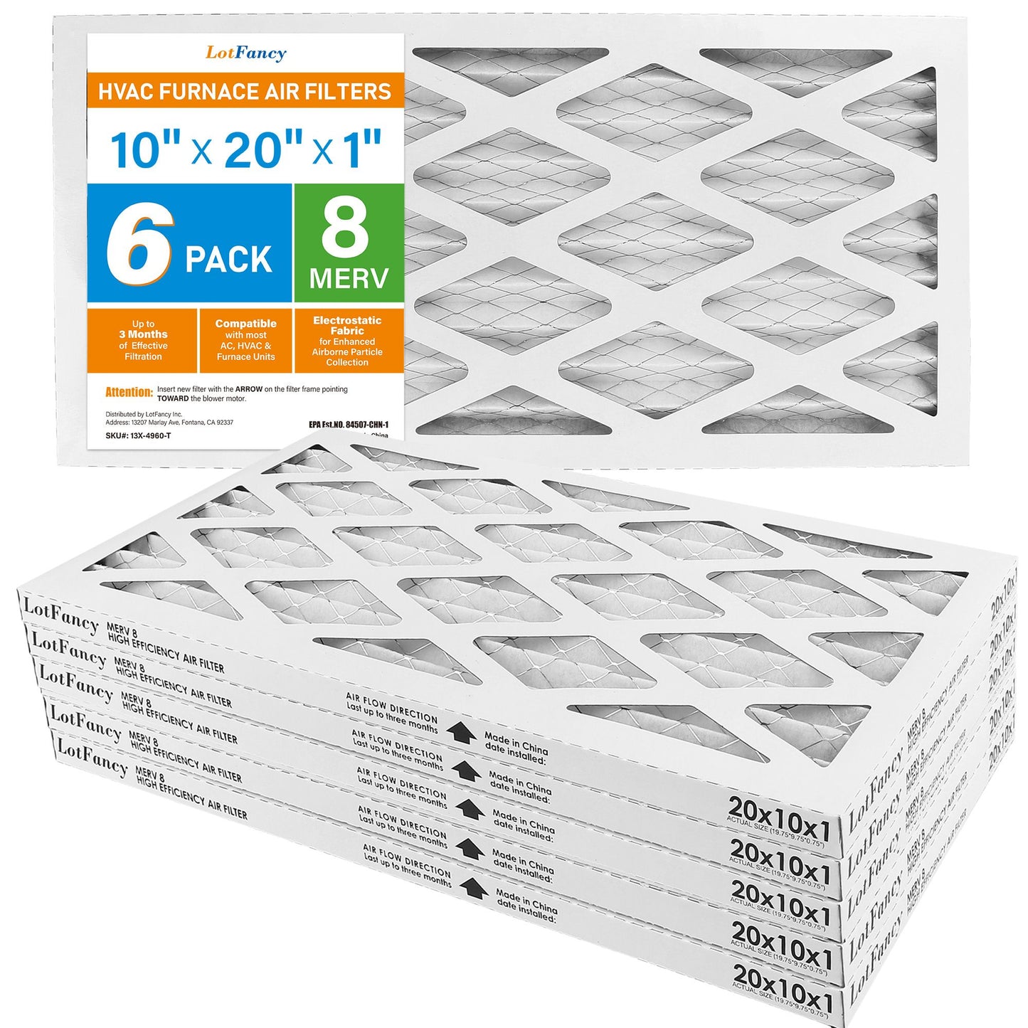 LotFancy 10x20x1 Air Filters, 6 Pack, MERV 8 Pleated HVAC AC Furnace Filters