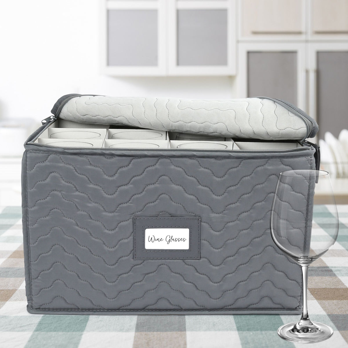 LotFancy 2Pcs Stemware Storage Containers for 24 Wine Glasses, Deluxe Quilted Storage Case, Gray