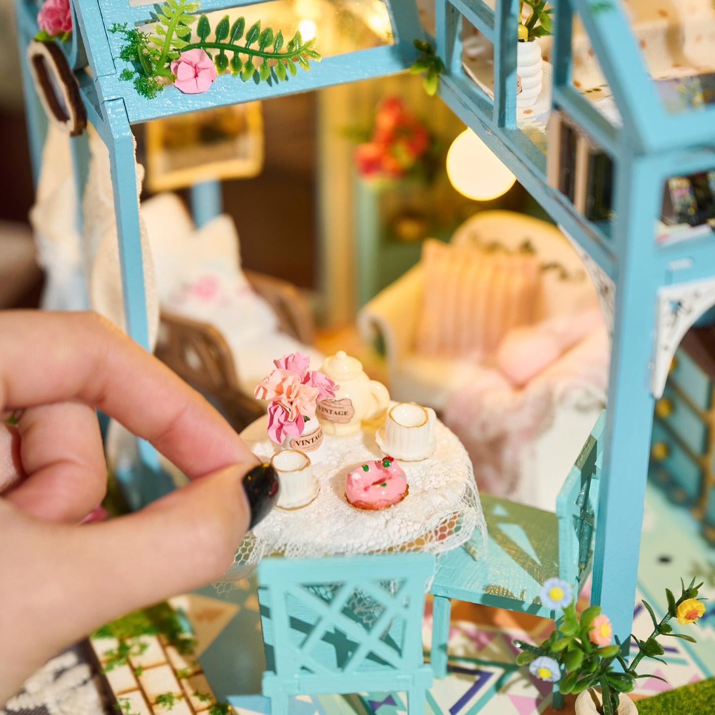 BenBen DIY Miniature House Kit, Garden Tea House Model Craft Kits for Adults, Teens, Mini House Building Kit with Furniture, LED Lights, Dollhouse Diorama to Build for Home Decor