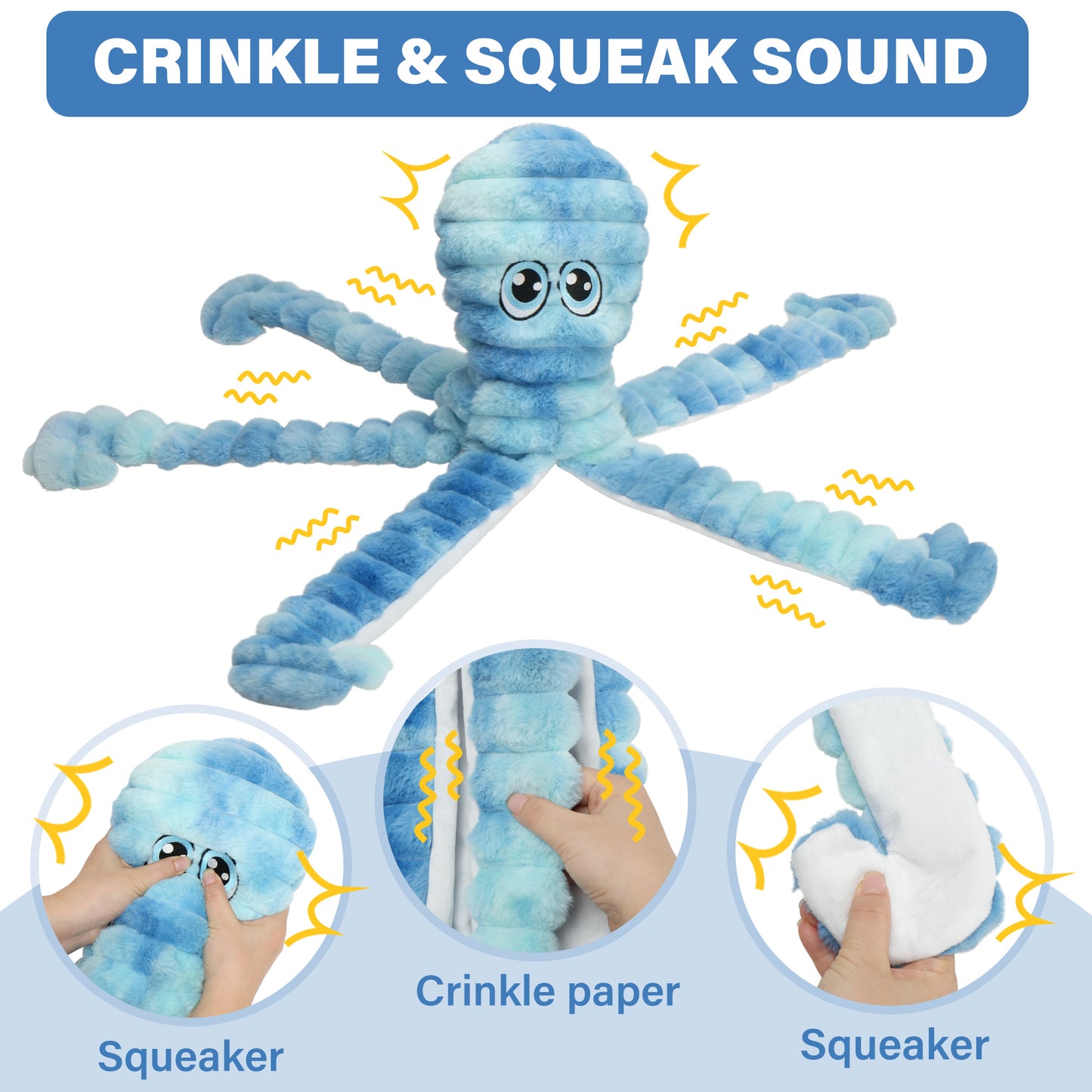 Prime Pets Dog Toys for Large Dogs, 27" Extra Large Plush Crinkle Squeaky Dog Toys, Tie-dye Blue Octopus