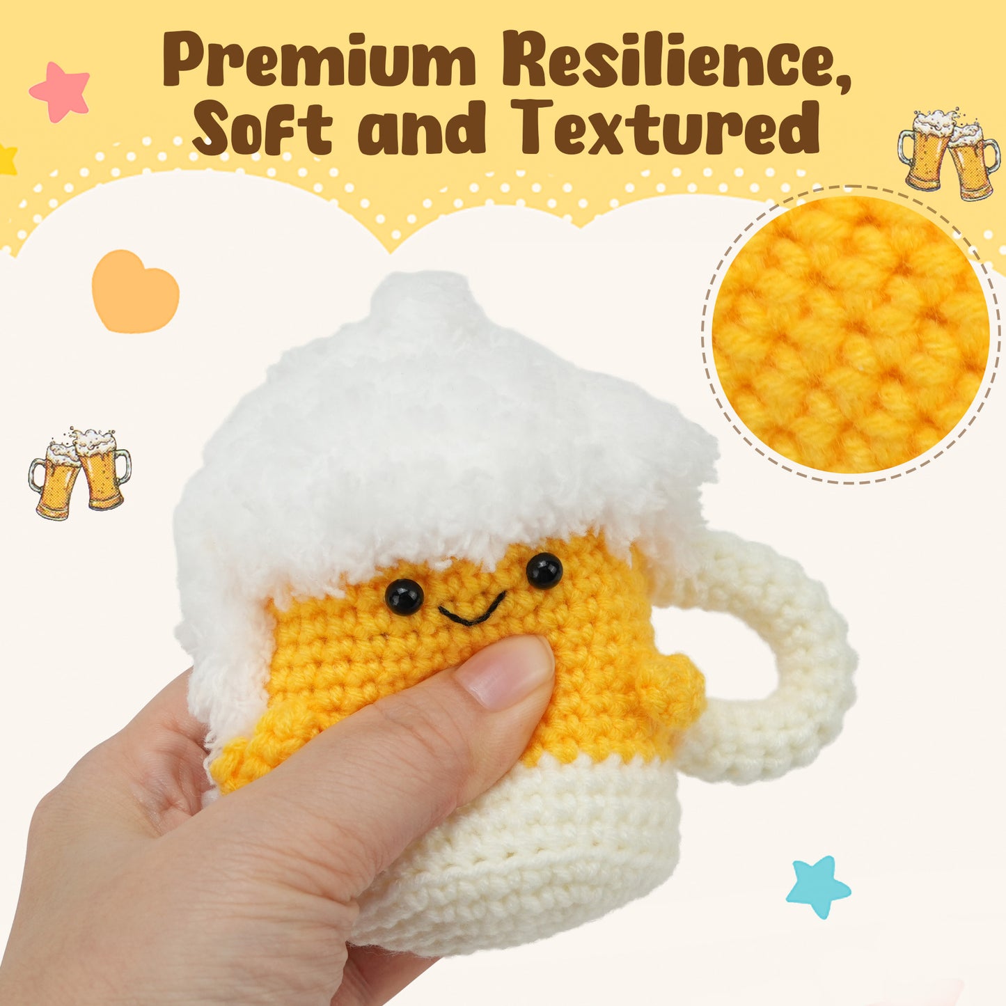 LotFancy Positive Crochet Animals, Emotional Support Crochet Beer Mug Plush with Positive Cards, Mini Funny Brithday Gifts for Women Men Teens