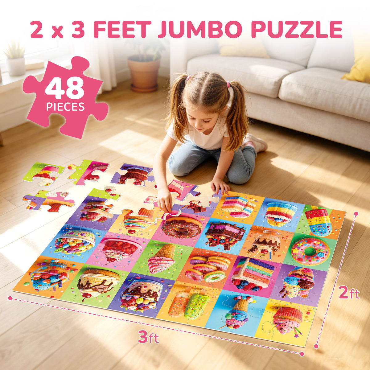 BenBen Floor Puzzles for Kids 3-6, Dessert Party, 48 Piece Large Jigsaw Puzzles for Toddlers 2-4