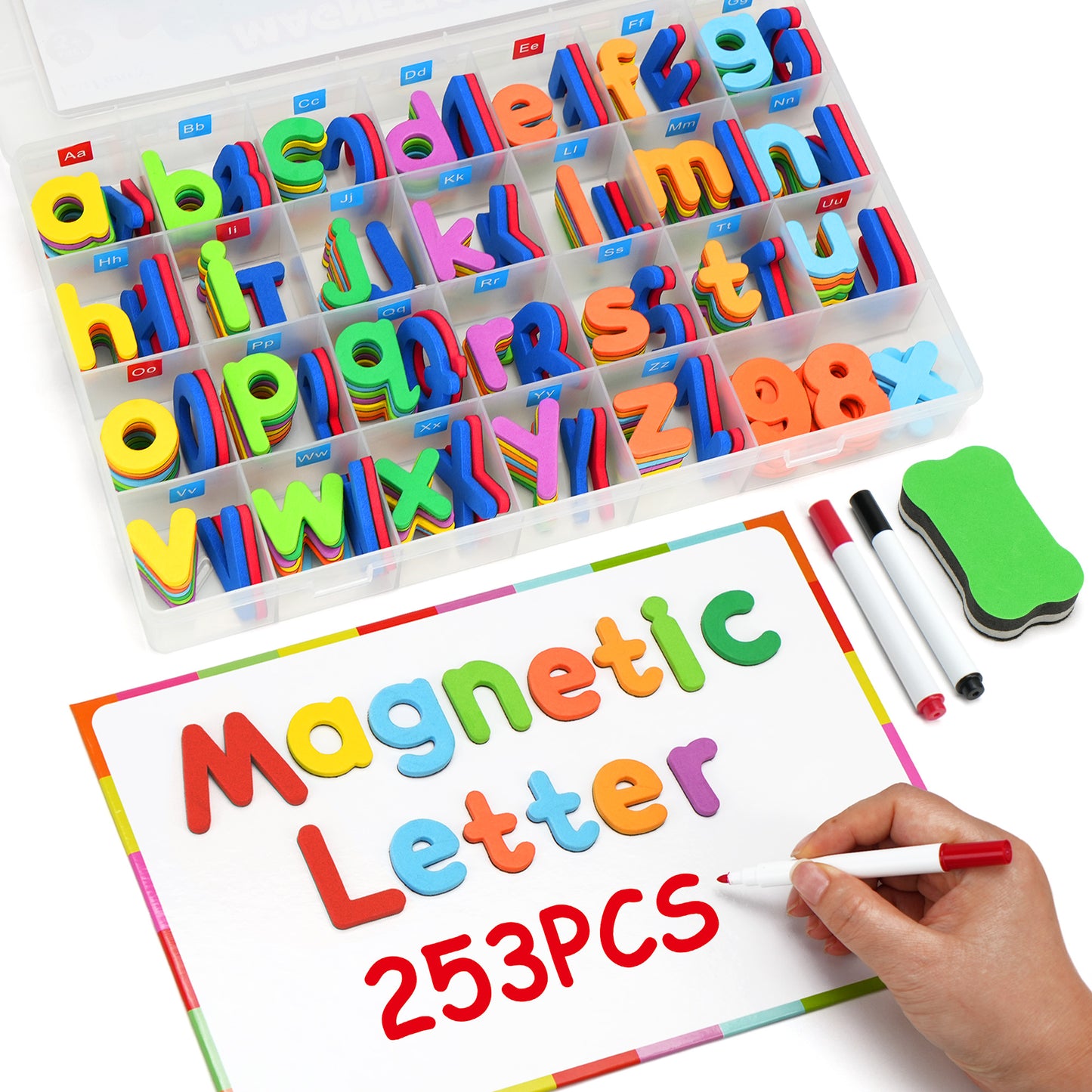 LotFancy 253 Pcs Magnets Alphabet Letters and Numbers Kit w/Magnet Board for Kids Spelling, Learning