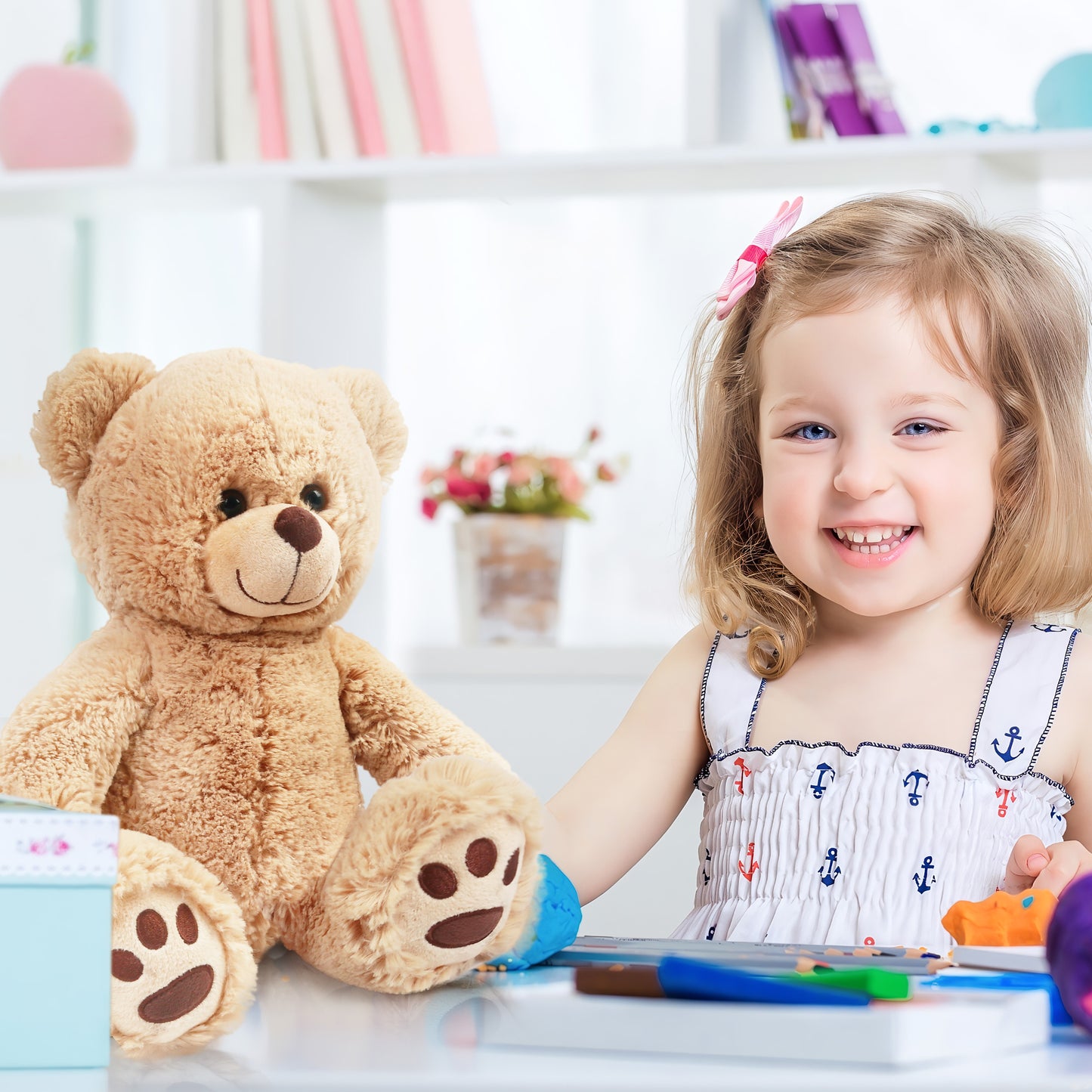 LotFancy Teddy Bear Stuffed Animals, Soft Cuddly Stuffed Plush Bear, Cute Stuffed Animals Toy with Footprints, Gifts for Kids Toddlers on Baby Shower, Christmas Valentine's Day PMT