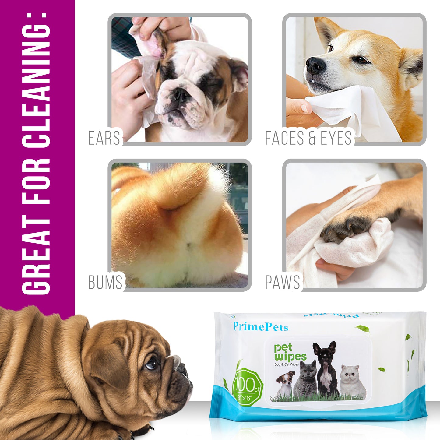 Prime Pets 300 Count Dogs Cats Grooming Wipes, Pet Cleaning Deodorizing Wipes,100CT per Pack