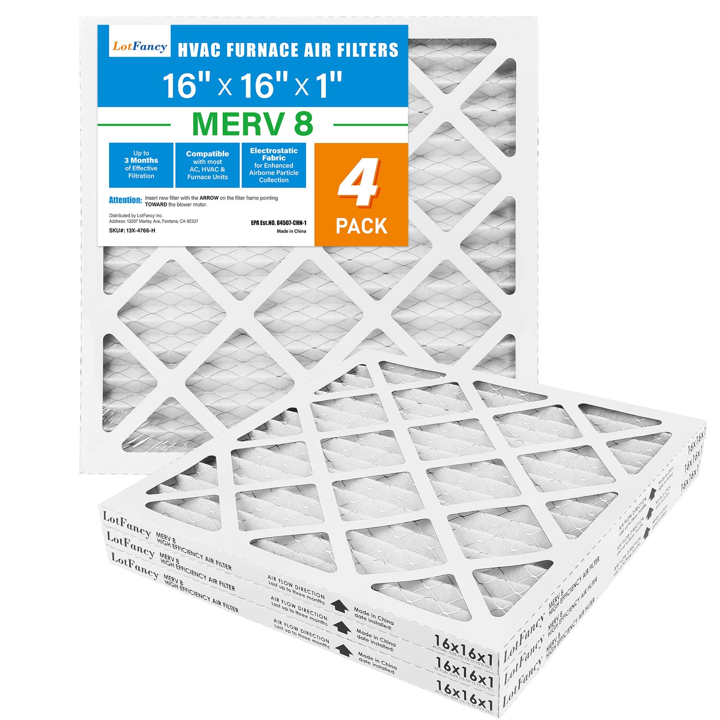 LotFancy 16x16x1 Air Filters, 4 Pack, MERV 8 Pleated HVAC AC Furnace Filters