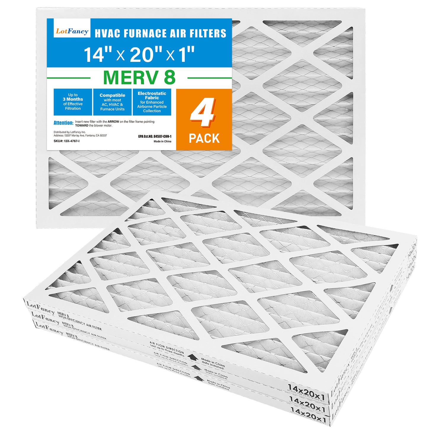 LotFancy 14x20x1 Air Filters, 4 Pack, MERV 8 Pleated HVAC AC Furnace Filters