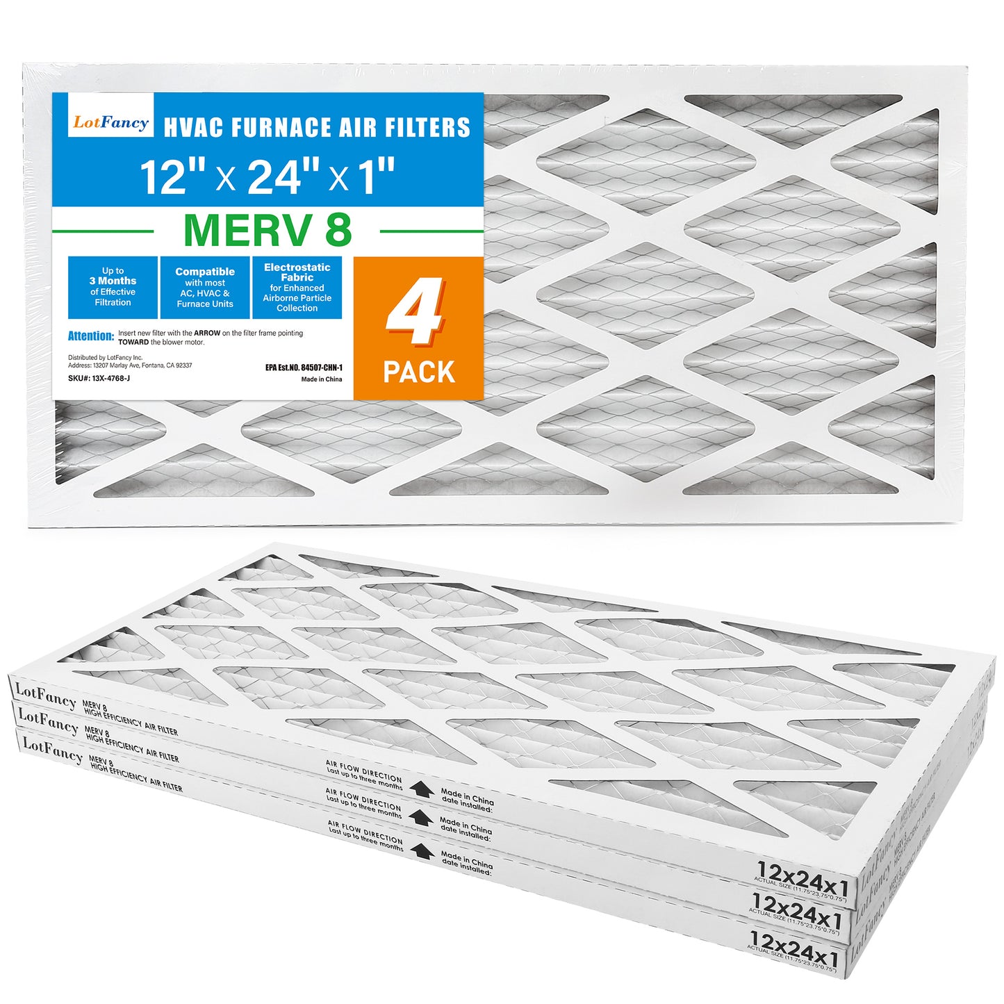 LotFancy 12x24x1 Air Filters, 4 Pack, MERV 8 Pleated HVAC AC Furnace Filters