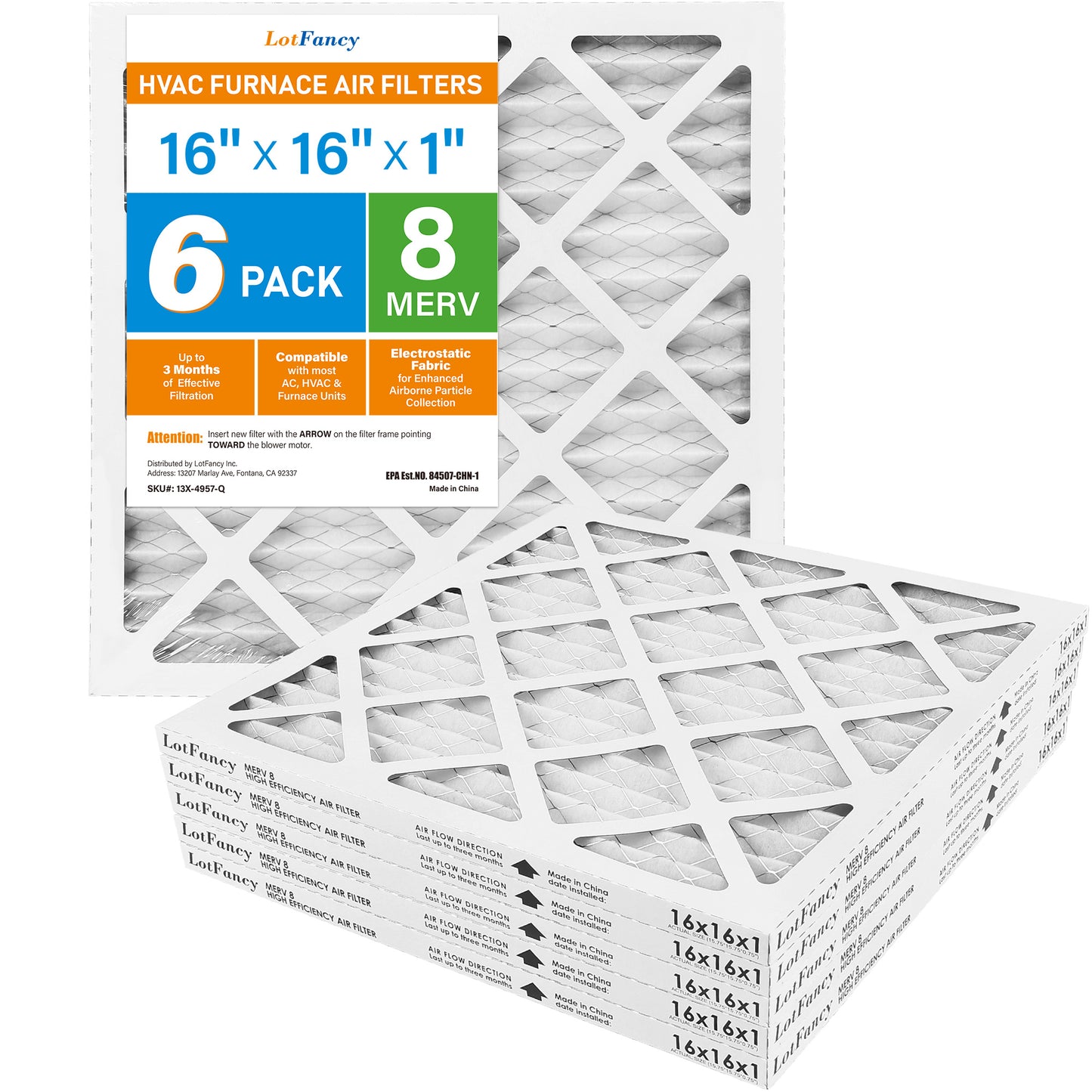 LotFancy 16x16x1 Air Filters, 6 Pack, MERV 8 Pleated HVAC AC Furnace Filters WMT