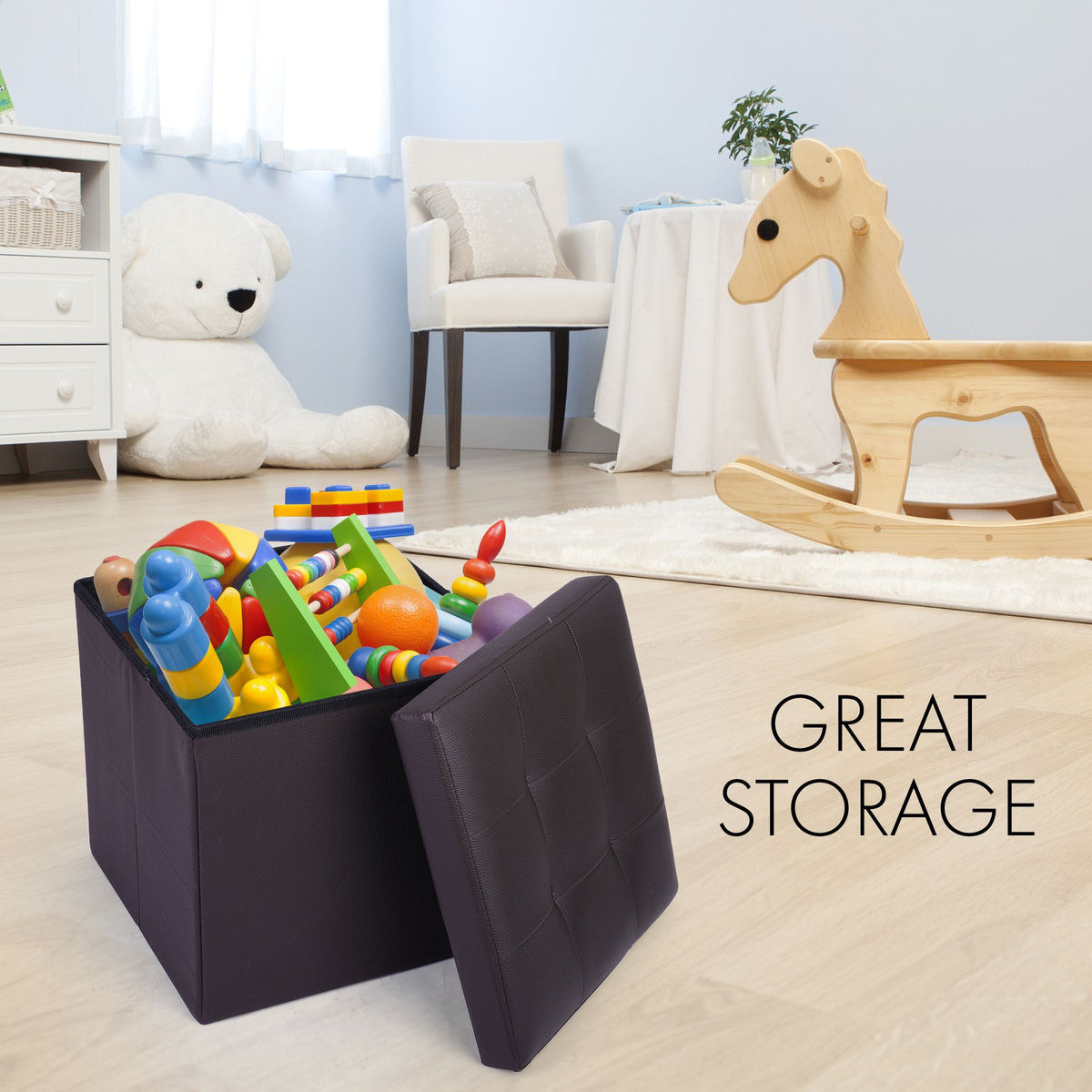 LotFancy 13 in Storage Ottoman Cube, Foot Stool Ottoman with Storage, Dark Brown Faux Leather