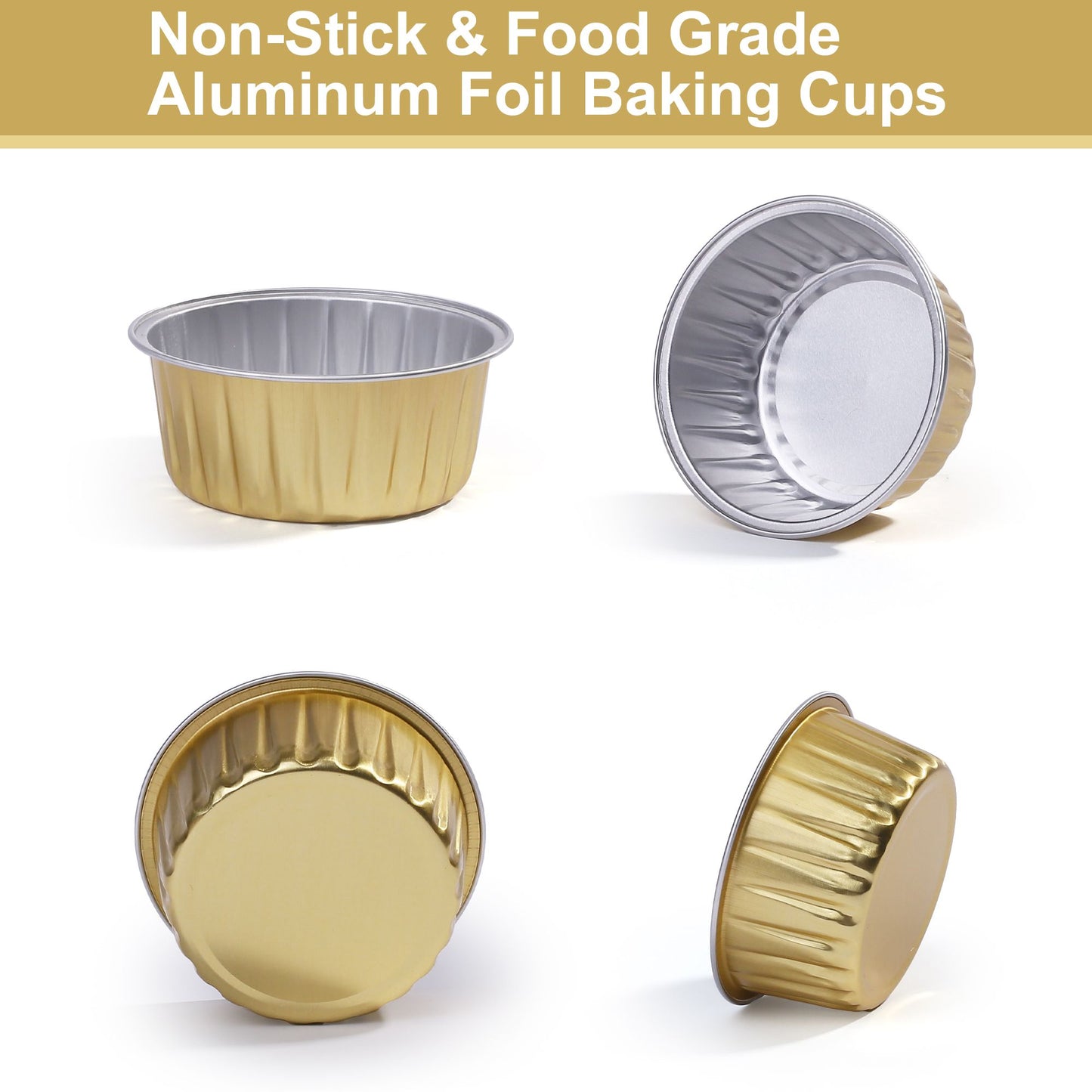 LotFancy 50 Aluminum Foil Baking Cups with Lids, Oven Safe Cupcake Liners, Mini Cake Pans, 5oz, Gold