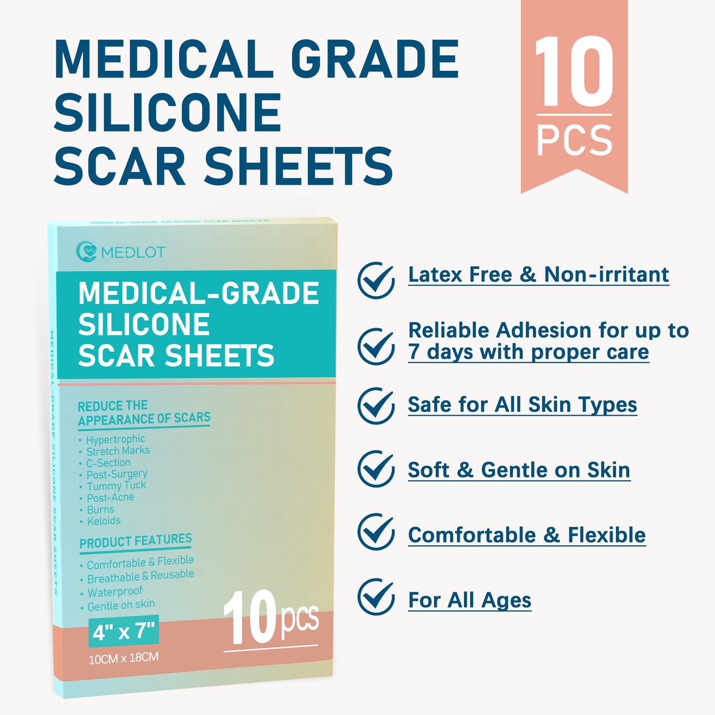 LotFancy Silicone Scar Sheets, 10 Pcs Silicone Scar Tape for Scar Treatment, Reusable, 4 x 7 in