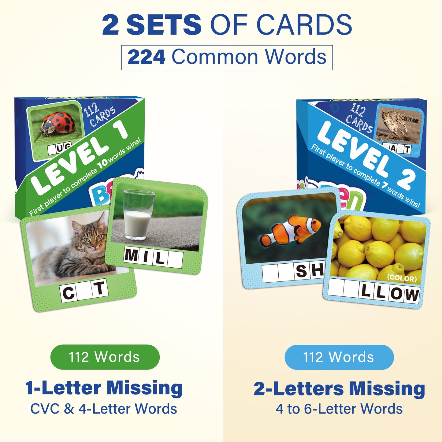 BenBen Spelling Games, Sight Word Games with 224 Flash Cards, Educational Phonic Games for Kids