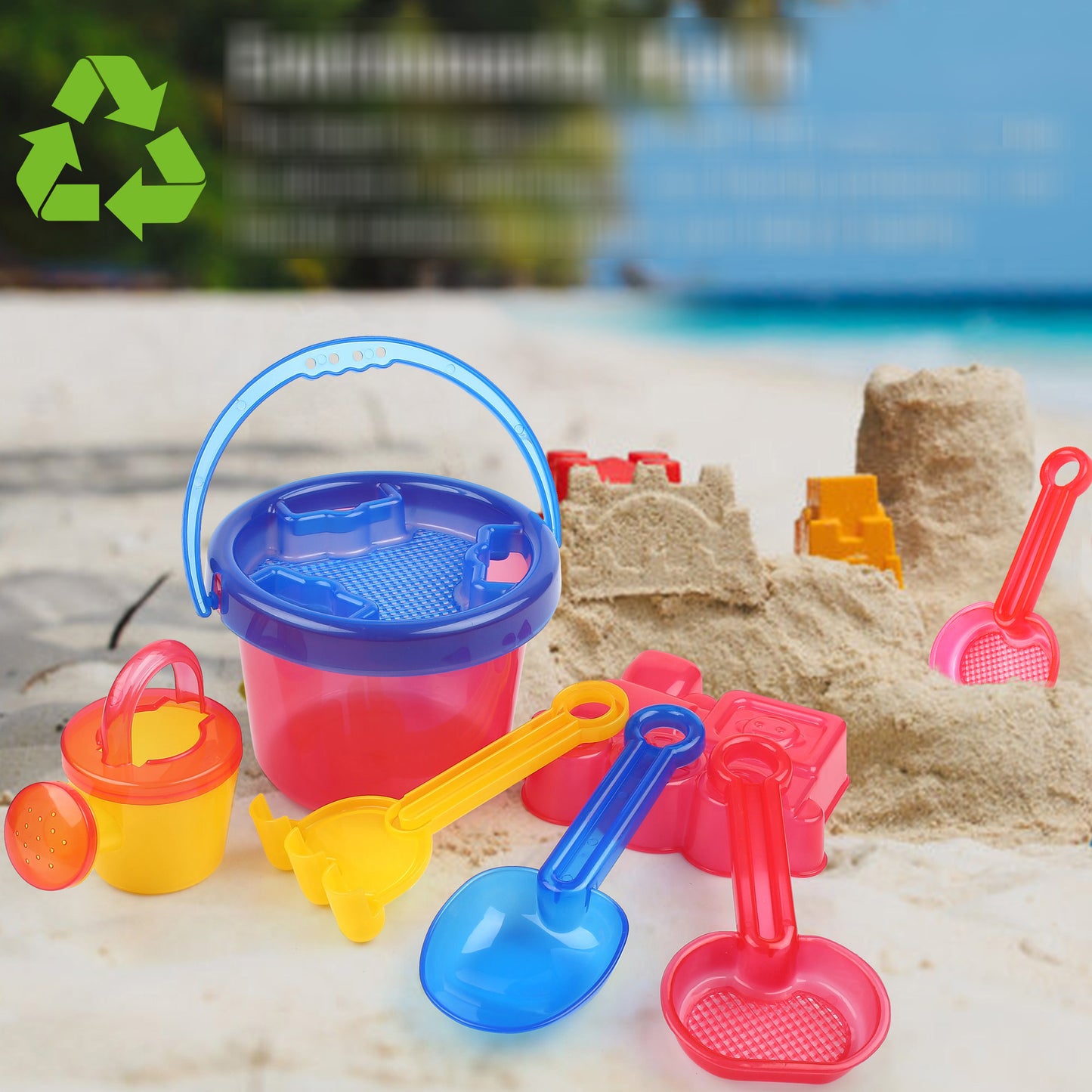 LotFancy Beach Toy Set, Sand Toy for Toddlers, Beach Bucket with Sand Sifter Cover, Shovel, Star Mold, Rake, Watering Can and Sifter Shovel Tool Kit for Kids Outdoor Toys
