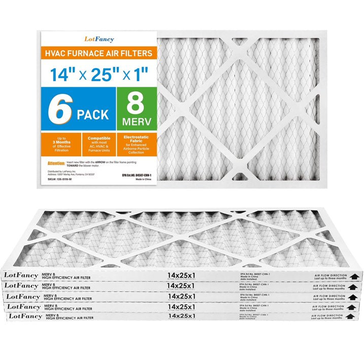 LotFancy 14x25x1 Air Filters, 6 Pack, MERV 8 Pleated HVAC AC Furnace Air Filters