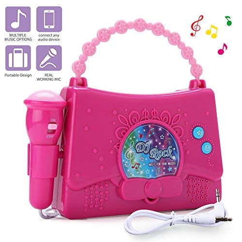 LotFancy Karaoke Machine for Kids - Portable Mini Singing Music Player for Girls - Sing Along Boombox with Microphone, AUX Cable and Battery Included, Connect to MP3 Player, iPod, iPhone
