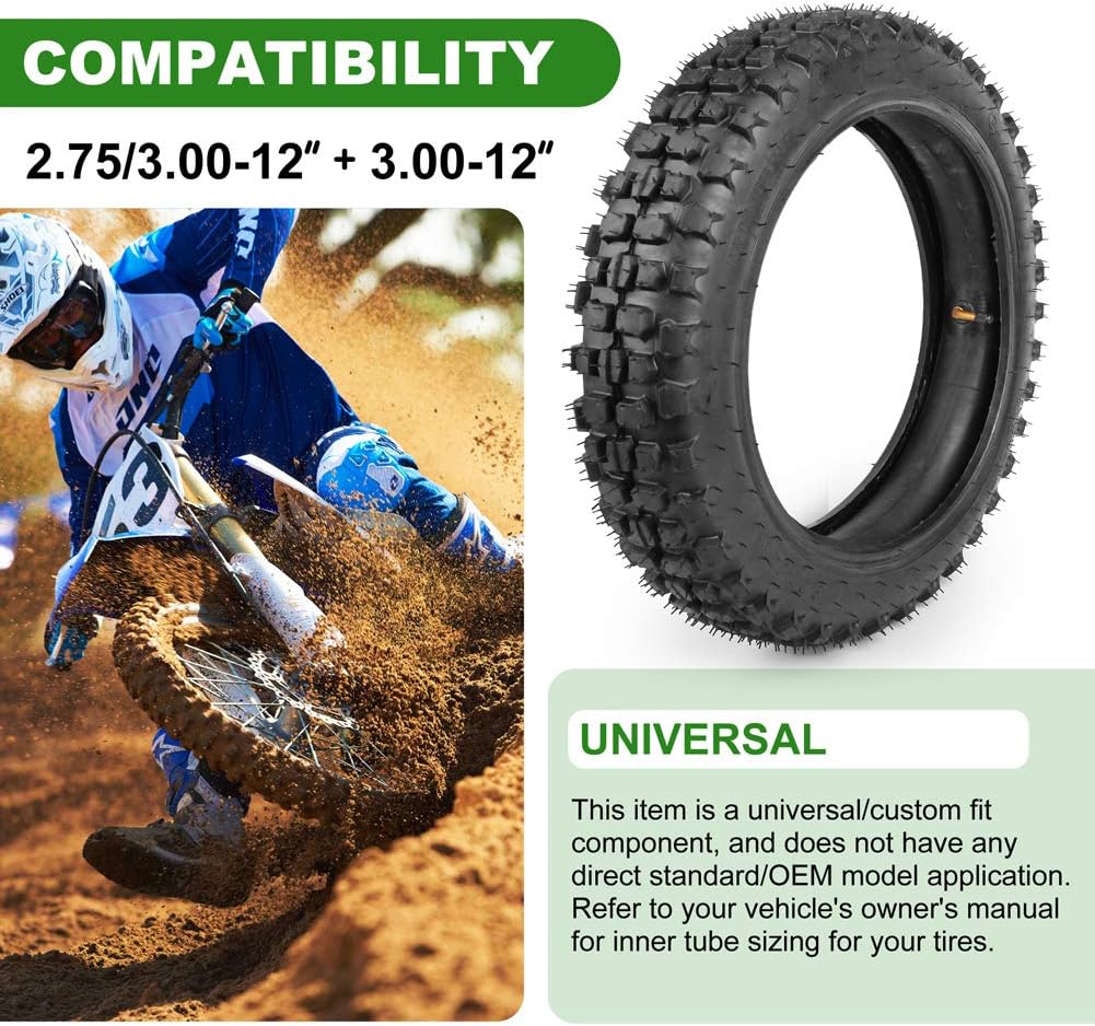 LotFancy 3.00-12 Dirt Bike Tire & Inner Tube Set, 80/100-12 Knobby Tire for Motocross, Dirt Bike, Off Road, Trail Motorcycle, Heavy Duty Front or Rear Tire Replacement with TR87 Valve Stem