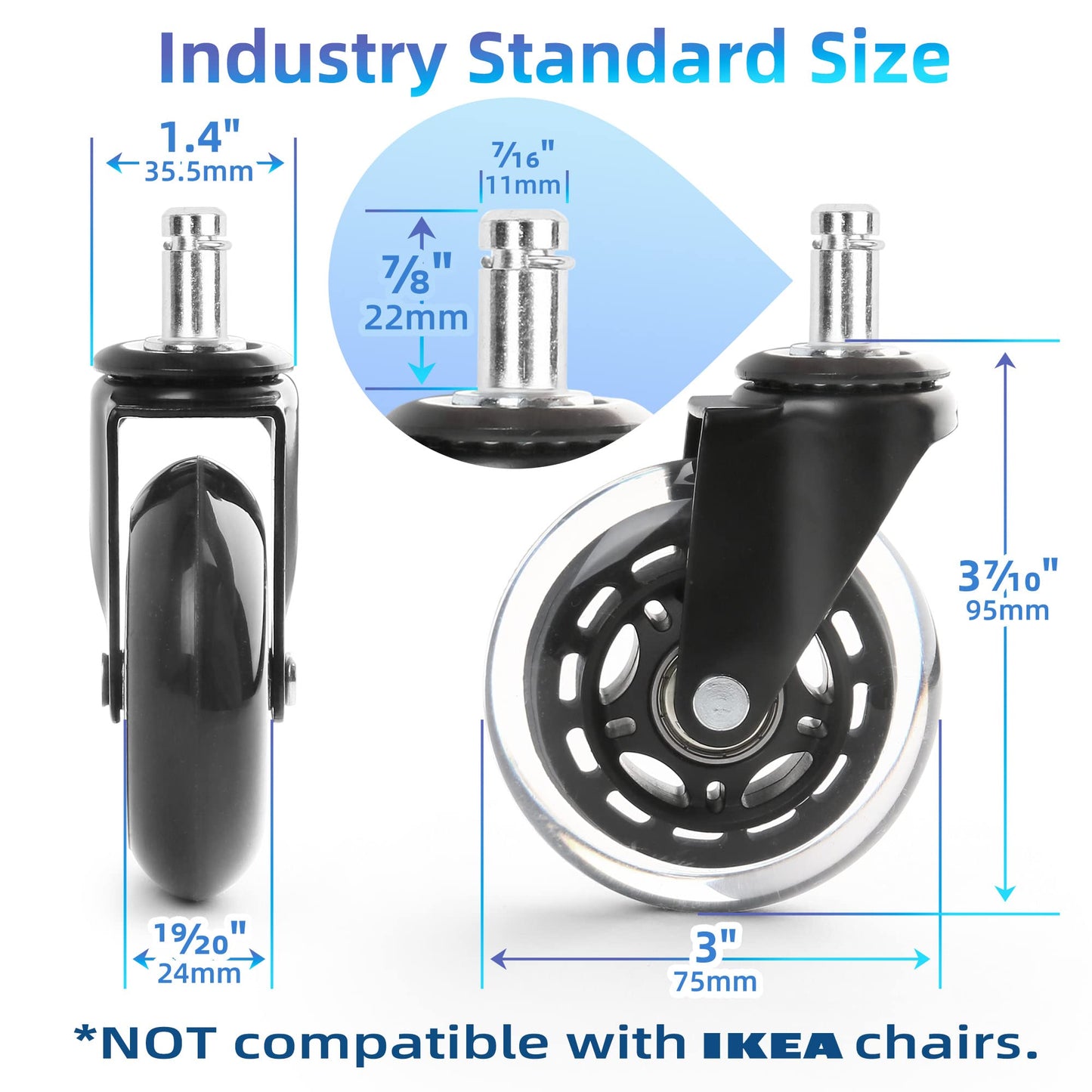 LotFancy Office Chair Wheels, Replacement Chair Caster Wheels for Hardwood Floors and Carpet, Set of 5, 3 inch, Heavy Duty, Noise Free, Rubber Wheels, Universal Fit