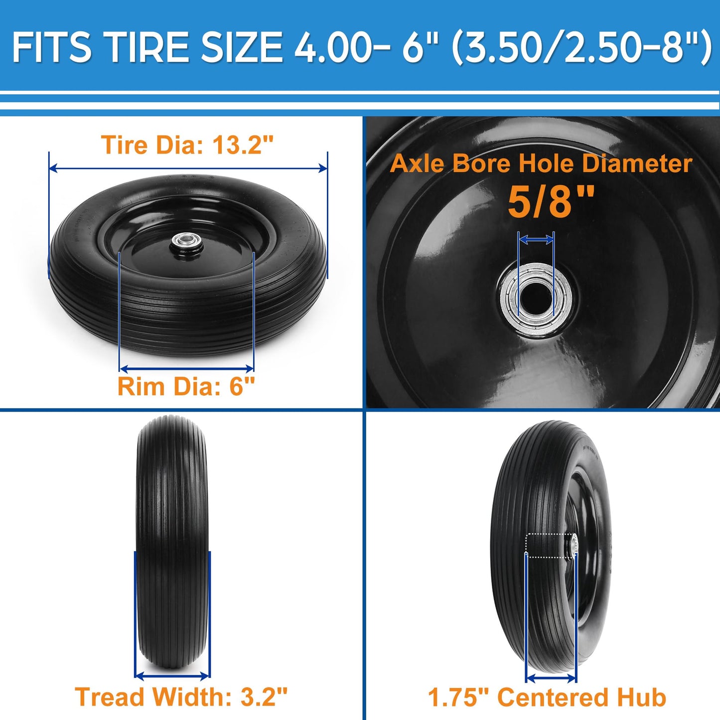 LotFancy 4.00-6 Flat Free Wheelbarrow Tire, 13 inch Solid Rubber Tire Replacement for Wheel Barrel Lawn Cart Garden Wagon