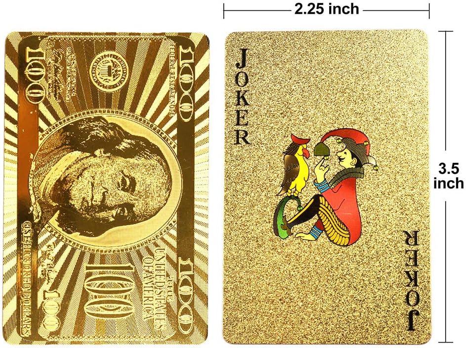 LotFancy Golden Foil Plated Playing Cards, 2 Decks of Cards, Bridge Size Standard Index, for Cards Games, Magic Props, Great Gift (1 Deck Bill Backing and 1 Deck Mosaic Backing)