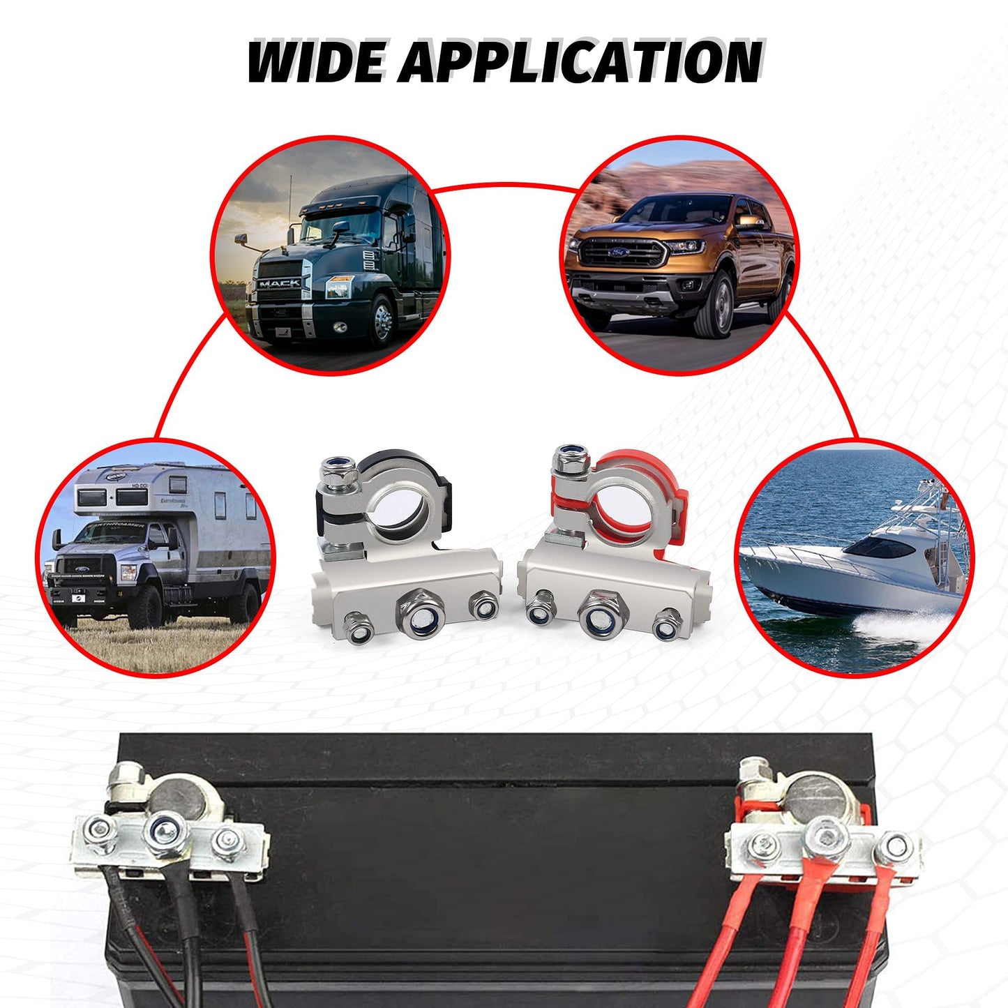 LotFancy Battery Terminal Connectors, Top Post Battery Terminals with Protective Covers, 3 Way Posts, Positive Negative for Auto Car Van Boat