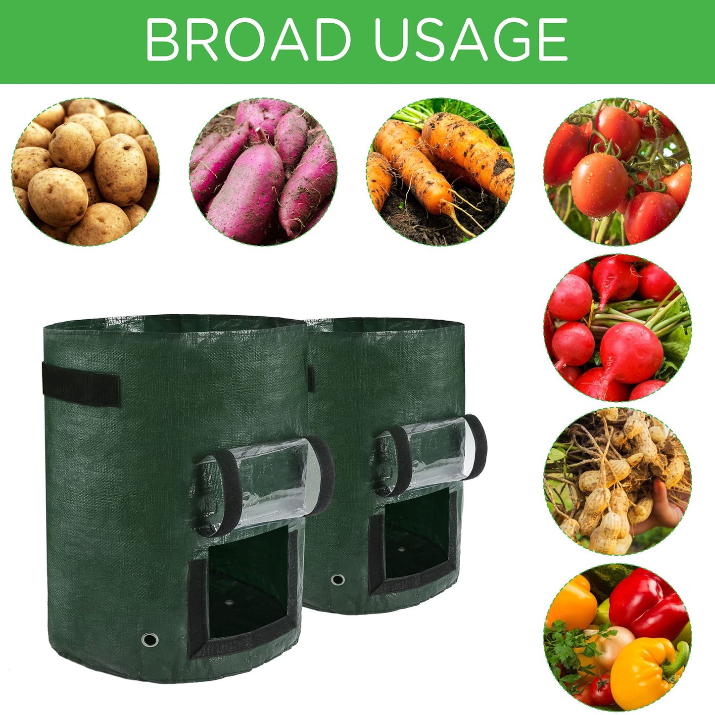LotFancy Potato Grow Bags, 2 Pack, 10 Gallon Garden Plant Containers with Transparent Flap Window,Handles, PE Planter Pots for Vegetable, Carrot, Tomato, Onion, Dark Green