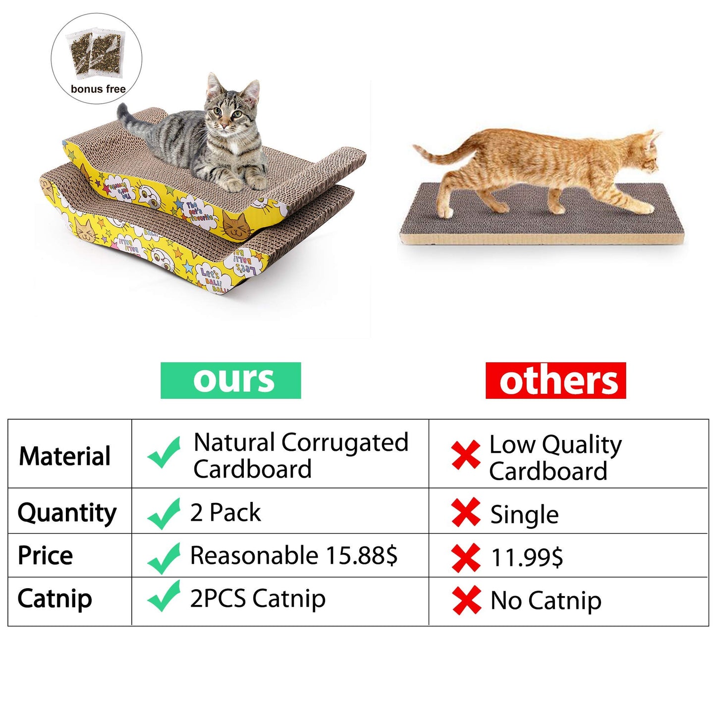 Prime Pets Cat Scratching Board, 2 Pack Cat Scratcher Cardboard, Cat Scratch Pad for Indoor Cats, Cat Scratcher Couch Lounge Sofa Bed, Reversible Corrugated, Catnip Included