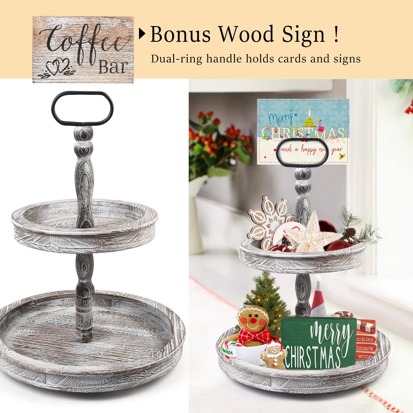 LotFancy Farmhouse Tiered Tray, Distressed Wooden 2 Tier Stand with Metal Handle, 17x14'' White Round Decorative Tray, Wood Sign Included