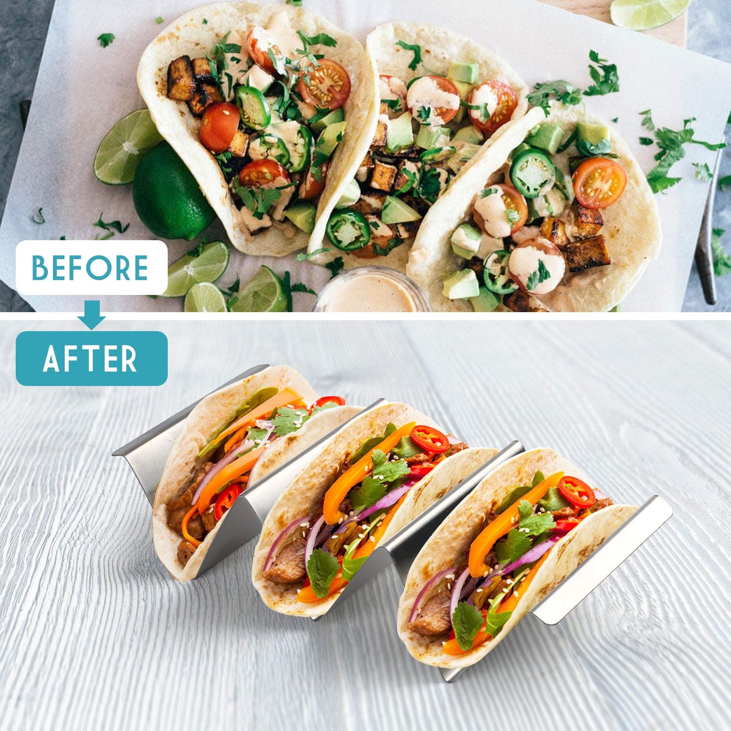 LotFancy Taco Holder Stand with Handles, Set of 4, Stainless Steel Taco Rack Serving Trays, Easy To Fill Tacos Plates, Oven Grill Dishwasher Safe, Shell Baking Racks