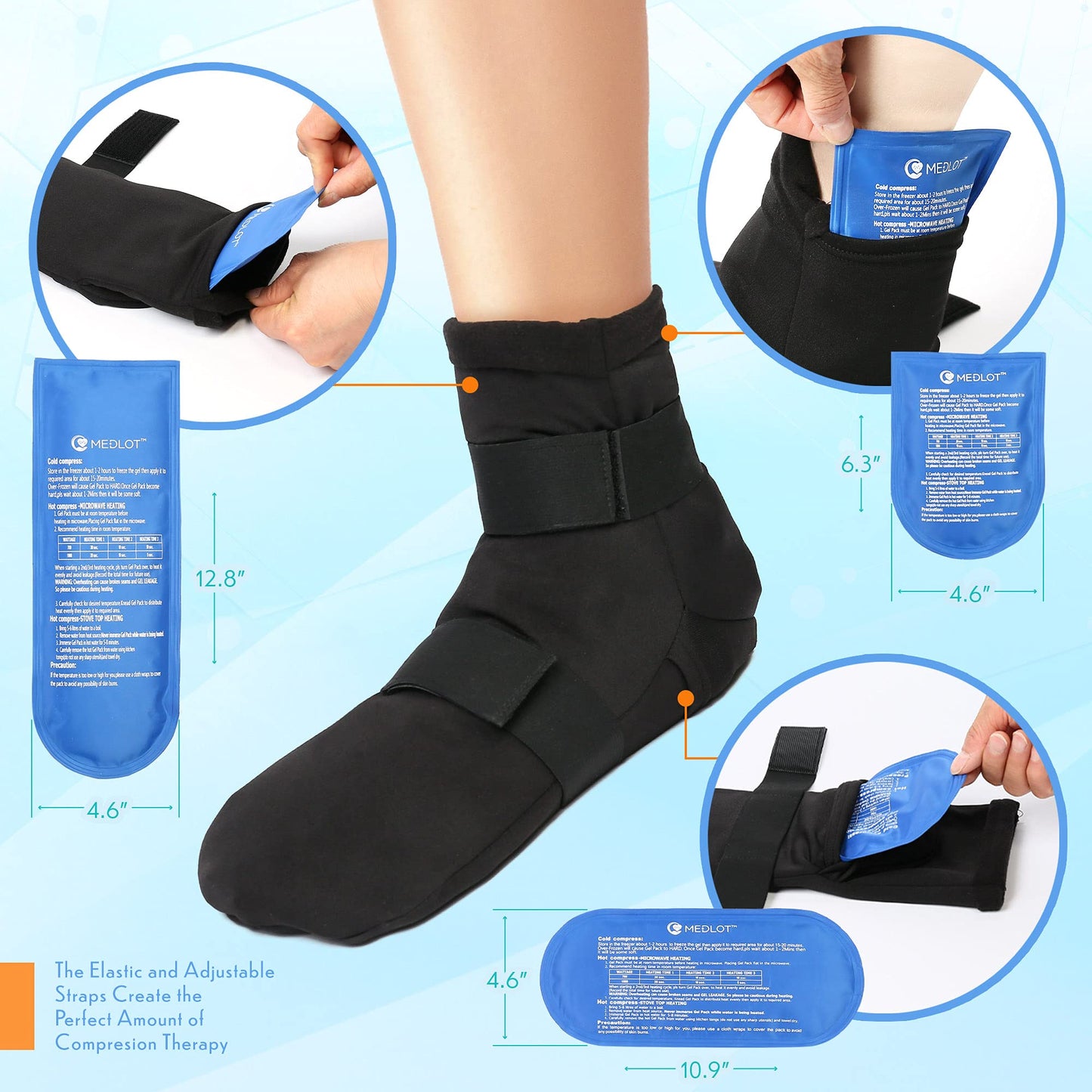 MEDLOT Foot Ankle Ice Pack, Cooling Socks with 6 Reusable Gel Packs and Strap, Hot Cold Therapy Compression Wrap for Heel Pain, Achilles Tendonitis Relief, Plantar Fasciitis, Swelling, Sprain