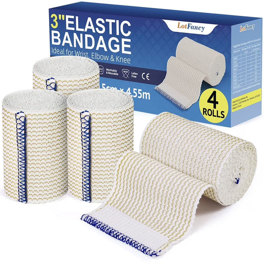 LotFancy 4 Pack Cotton Elastic Bandage Wrap 3 inches x 15 feet , Cotton Compression Bandages
