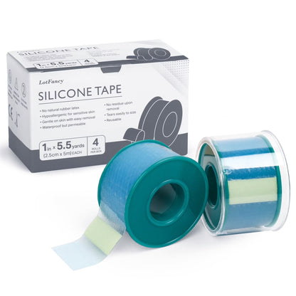 LotFancy Medical Silicone Tape, 4 Rolls 1”×5.5 Yds, Waterproof Adhesive Surgical Tape for First Aid