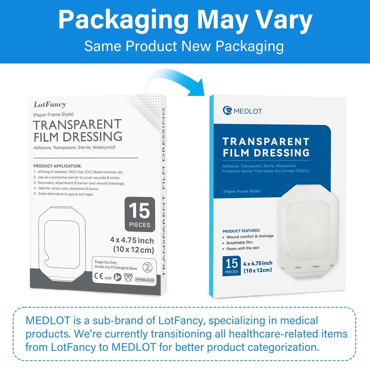 LotFancy Transparent Film Dressing, 4x4 3/4 in, 15 Count, Waterproof Adhesive Wound Bandage Tape