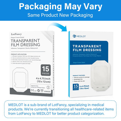 LotFancy Transparent Film Dressing, 4x4 3/4 in, 15 Count, Waterproof Adhesive Wound Bandage Tape