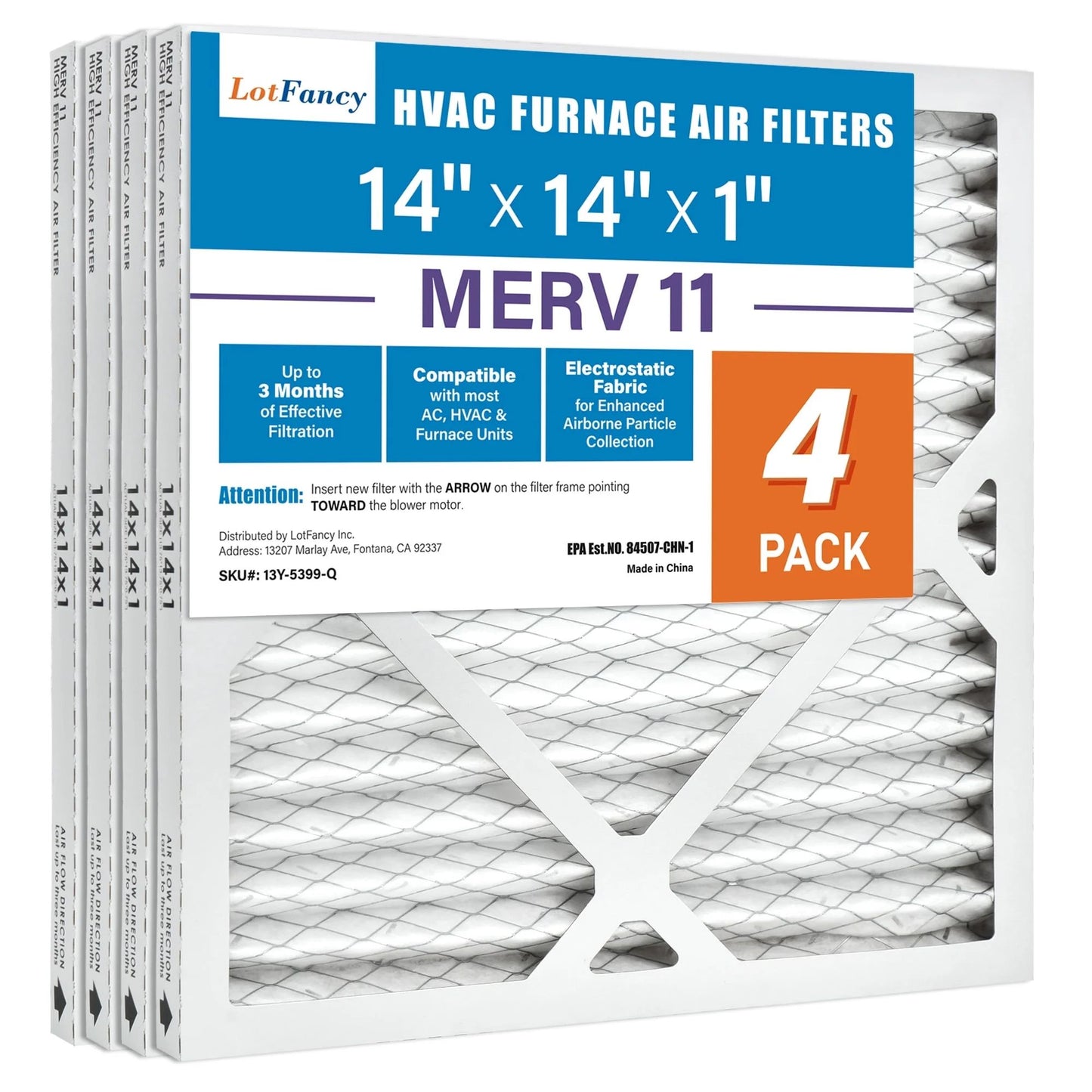 LotFancy 14x14x1 Air Filters, 4 Pack, MERV 11 Pleated HVAC AC Furnace Filters