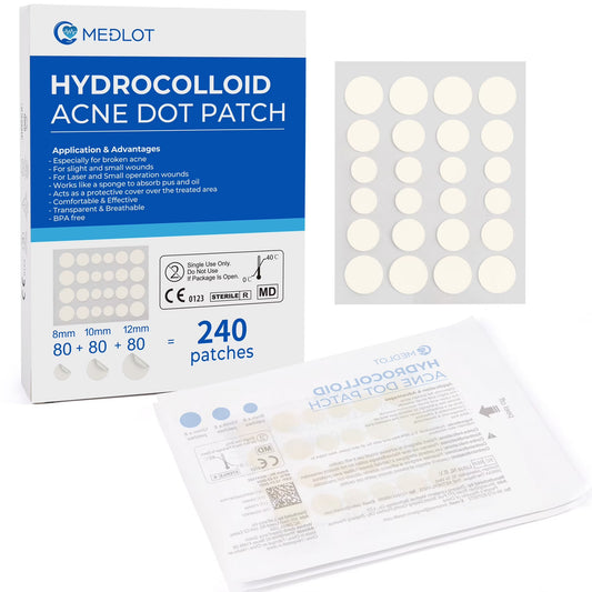 LotFancy 240 Ct Acne Spot Dots, Acne Pimple Patch, Thin Hydrocolloid Patches, 3 Sizes (12, 10, 8mm)
