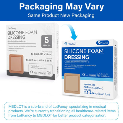 LotFancy Silicone Foam Dressing, 4x4 in, 5 Count, Adhesive Wound Dressing, Bed Sores, Wound Bandage
