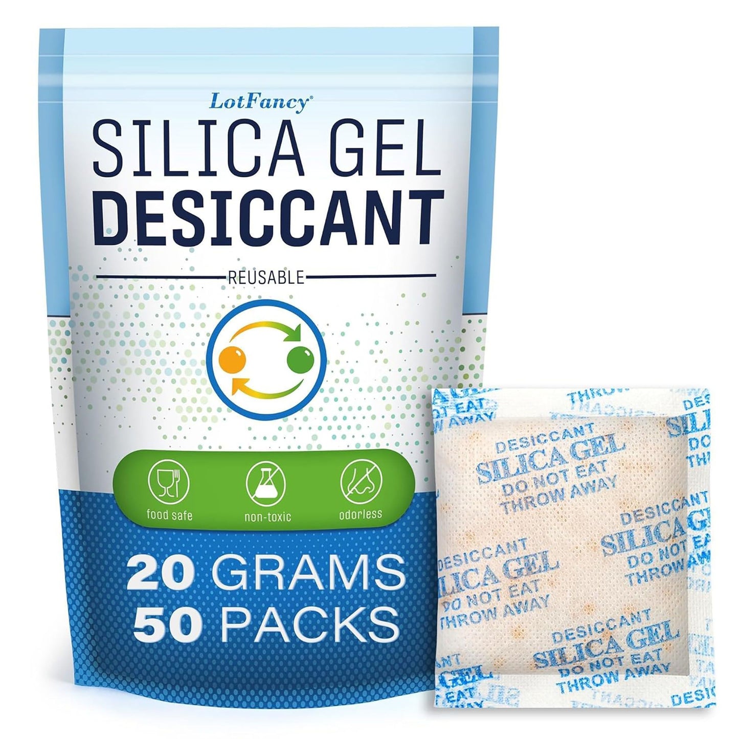 LotFancy 50 Packs 20 Gram Silica Gel Packets, Indicating Desiccant Packets