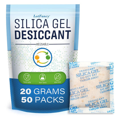 LotFancy 50 Packs 20 Gram Silica Gel Packets, Indicating Desiccant Packets