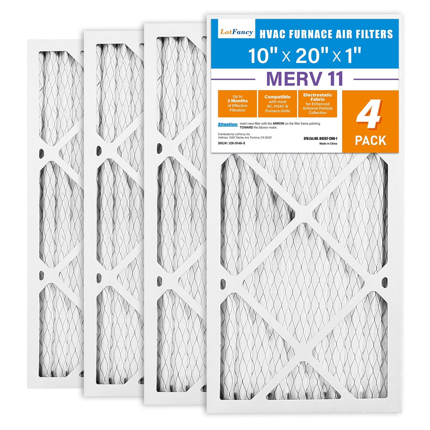 LotFancy 10x20x1 Air Filters, 4 Pack, MERV 11 Pleated HVAC AC Furnace Filters