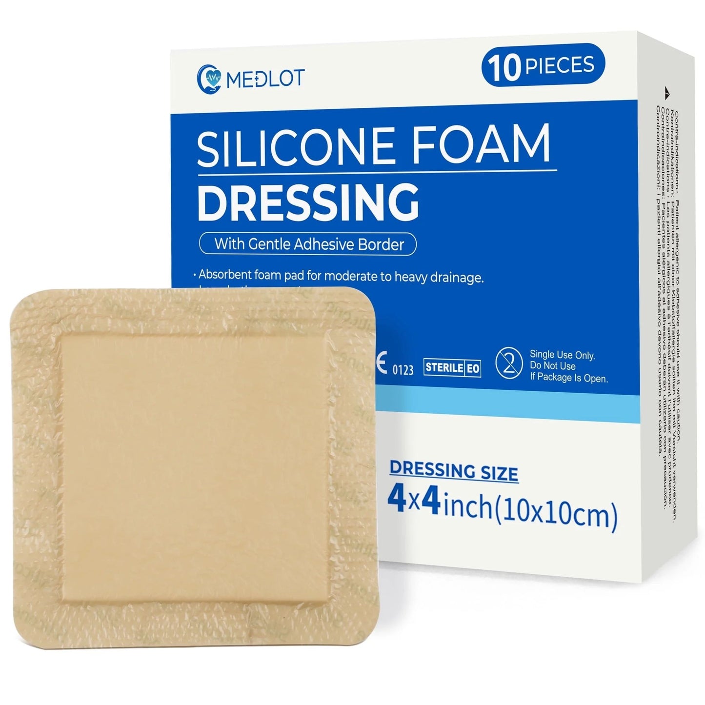 LotFancy Silicone Foam Dressing, 4x4 in, 10 Count, Adhesive Wound Dressing, Bed Sores Bandage