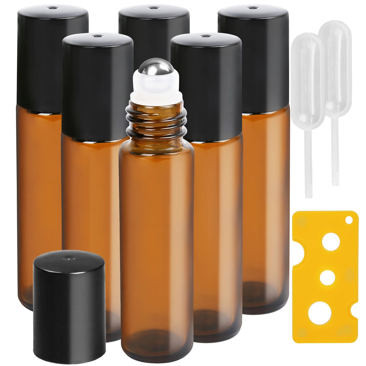 LotFancy Essential Oil Roller Bottles, 6pc 10ml Amber Glass Bottle with Roller Balls and Caps