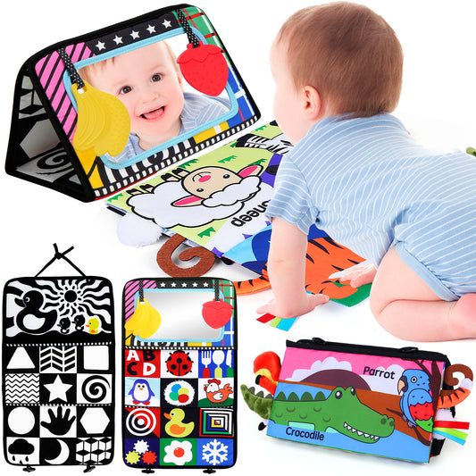 LotFancy Baby Tummy Time Mirror Toys, Crinkle Cloth Book Black and White High Contrast Infants Toys