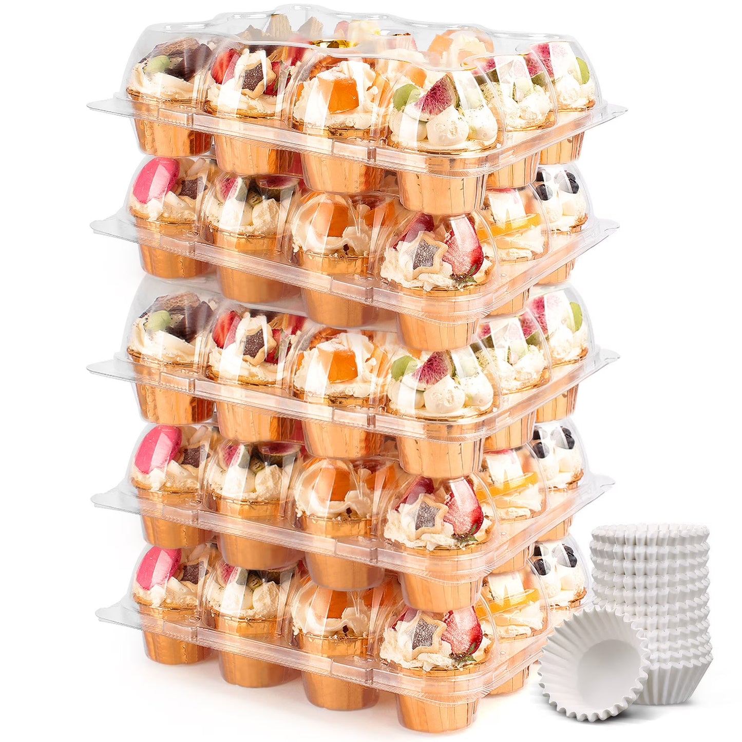 LotFancy Stackable Cupcake Carrier Holders & 60 Cupcake Liners, 5 Pack x 12 Sets, Cupcake Containers